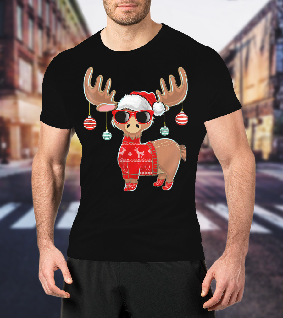 Ugly Christmas Moose Chris With Sweater And Ornaments T-Shirt