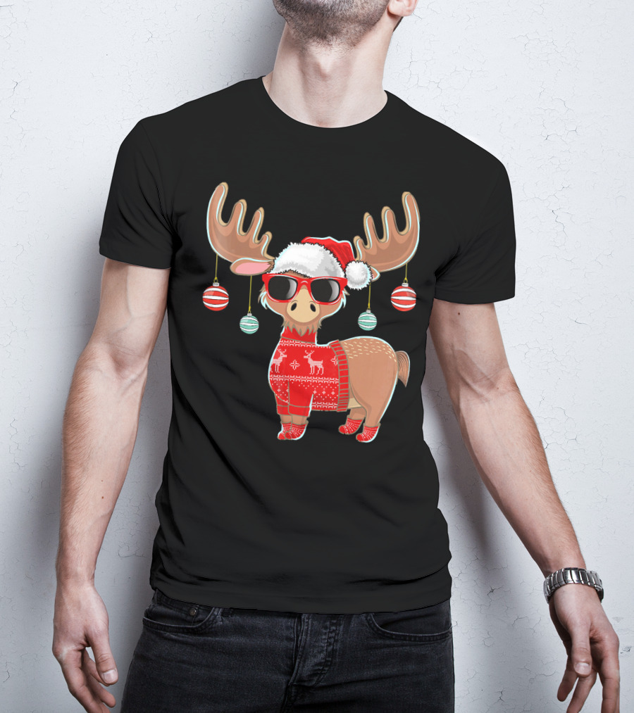 Ugly Christmas Moose Chris With Sweater And Ornaments T-Shirt