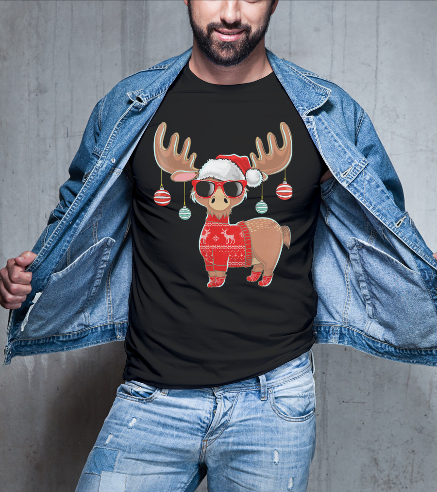 Ugly Christmas Moose Chris With Sweater And Ornaments T-Shirt