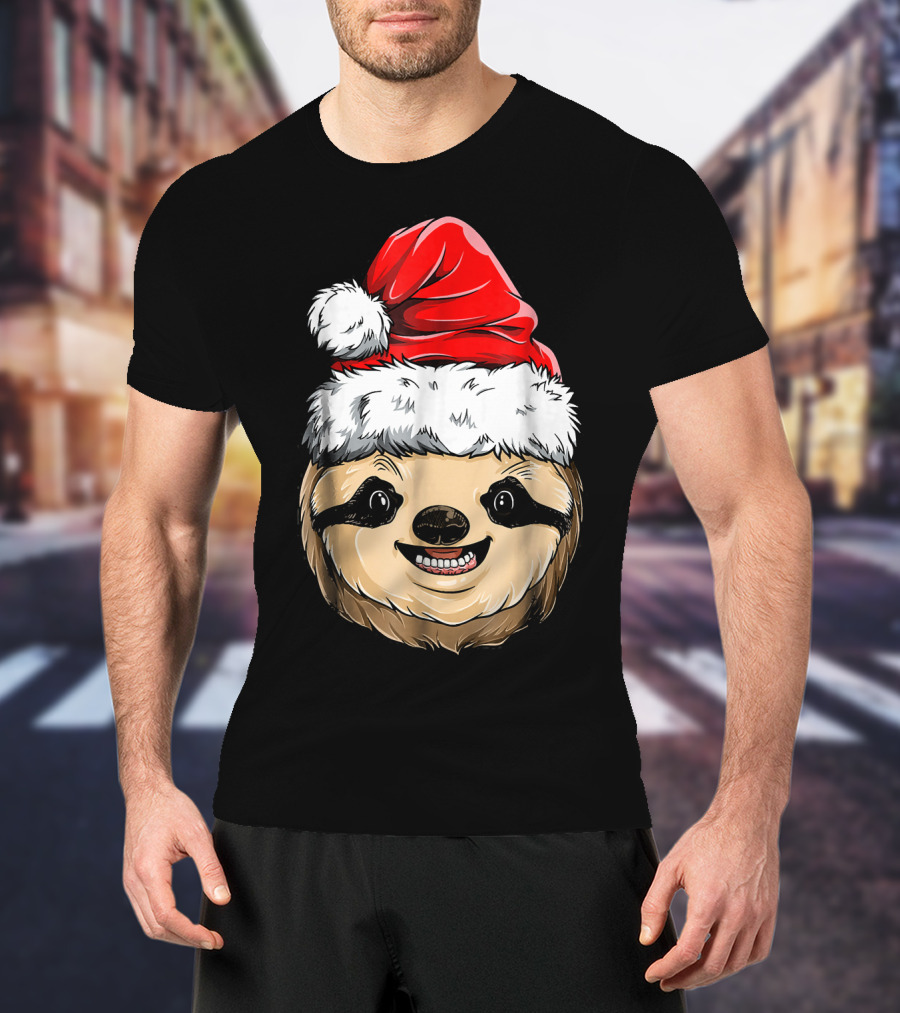 Sloth Santa Christmas Hat Cheerful Face T-Shirt
