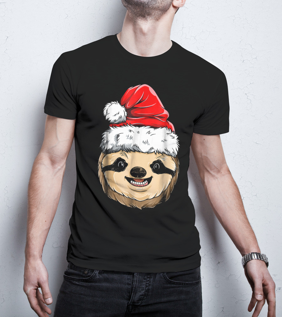 Sloth Santa Christmas Hat Cheerful Face T-Shirt