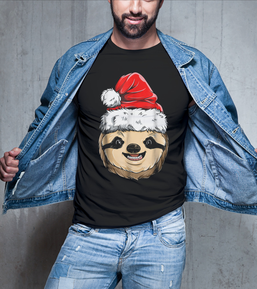 Sloth Santa Christmas Hat Cheerful Face T-Shirt