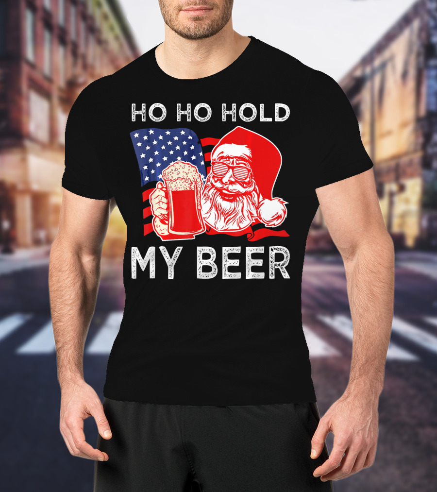 Ho Ho Hold My Beer Santa American Flag T-Shirt