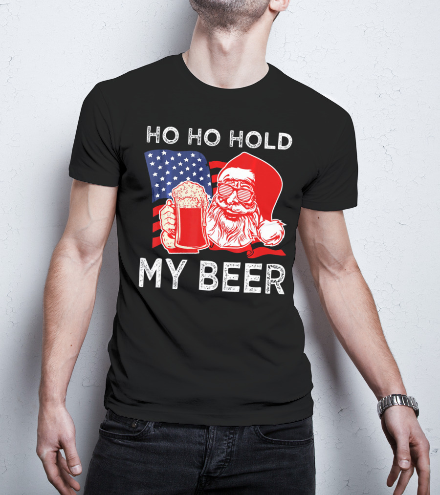 Ho Ho Hold My Beer Santa American Flag T-Shirt
