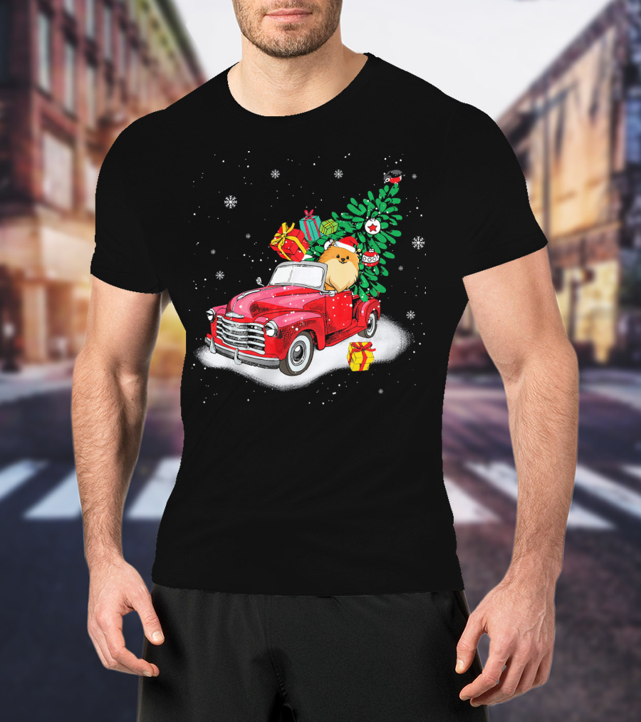 Pomeranian With Christmas Tree And Gifts In Red Truck Snow Scene T-Shirt
