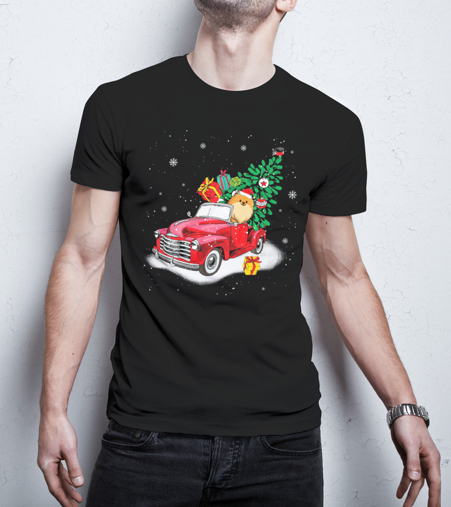 Pomeranian With Christmas Tree And Gifts In Red Truck Snow Scene T-Shirt