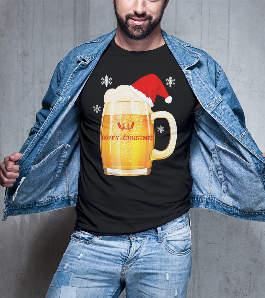 Hoppy Christmas Beer Santa Mug With Snowflakes T-Shirt