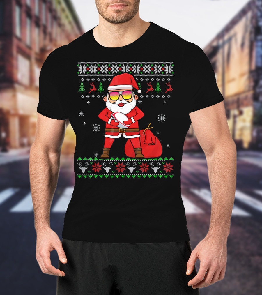 Rugby Ugly Christmas Santa Claus With Sunglasses Snowflakes Reindeer T-Shirt