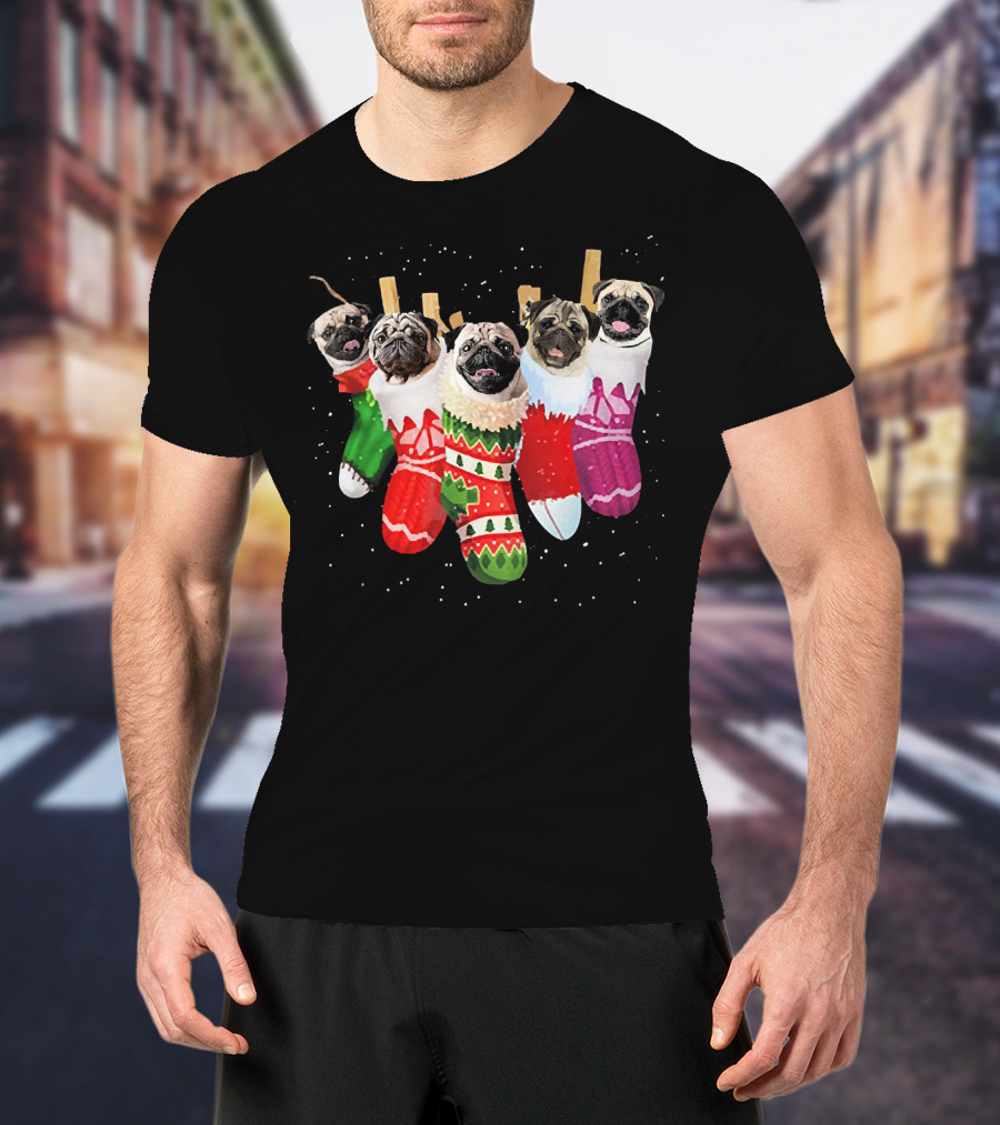 Pug Heads In Colorful Christmas Stockings With Snowflakes T-Shirt