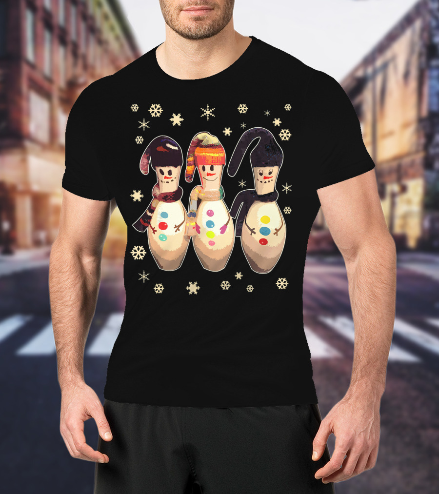 Bowling Pins Winter Snowman Scarves Hats Snowflakes T-Shirt