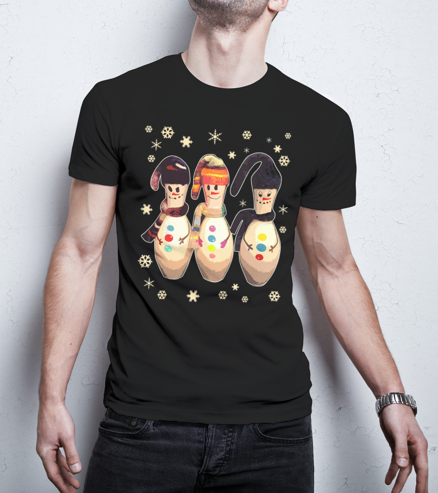 Bowling Pins Winter Snowman Scarves Hats Snowflakes T-Shirt