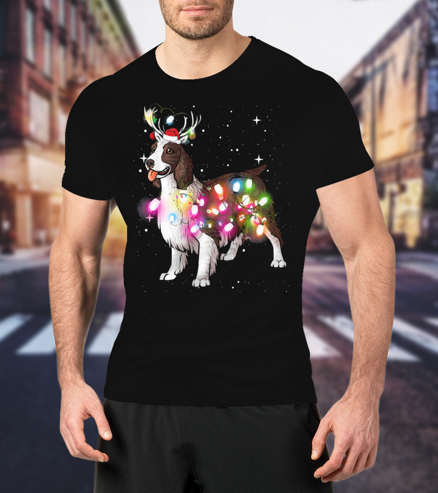 Christmas Lights English Springer Spaniel With Reindeer Antlers And Santa Hat T-Shirt