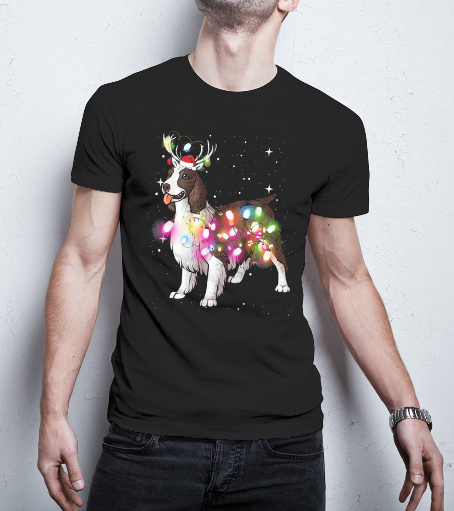 Christmas Lights English Springer Spaniel With Reindeer Antlers And Santa Hat T-Shirt