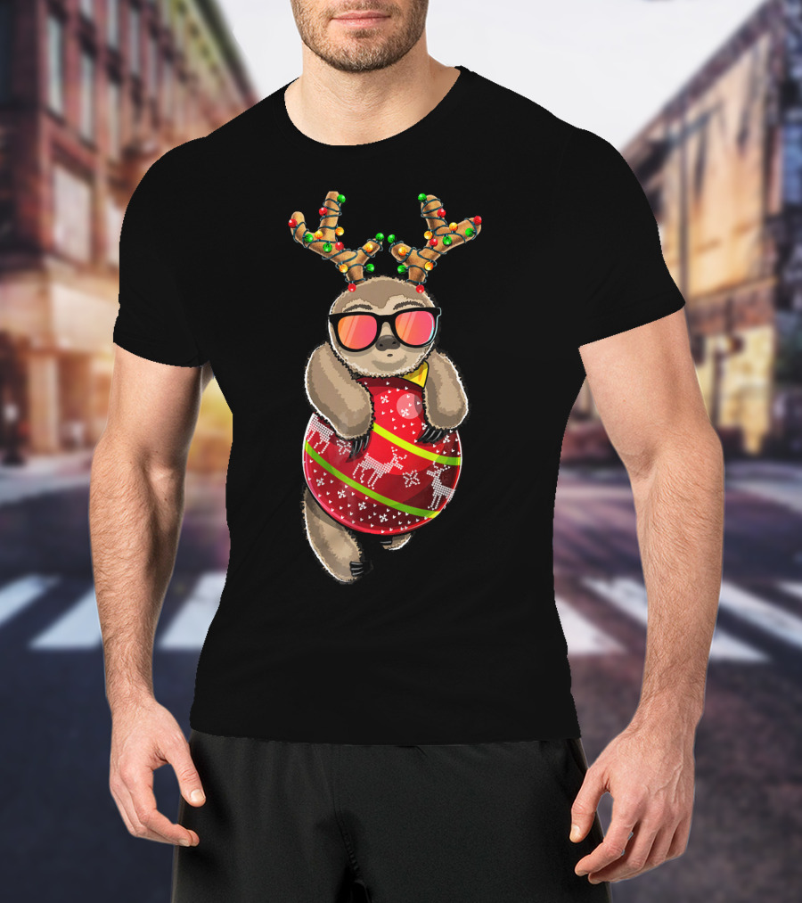 Christmas Sloth Reindeer Ornament Holiday Lights Festive Fashion T-Shirt