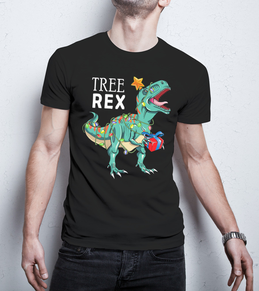 Tree Rex Dinosaur With Christmas Lights And Gift T-Shirt