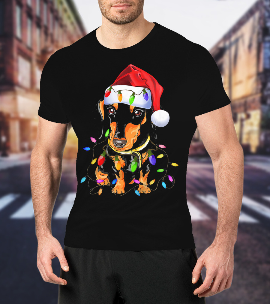 Dachshund Christmas Loves LED Lights Santa Hat T-Shirt