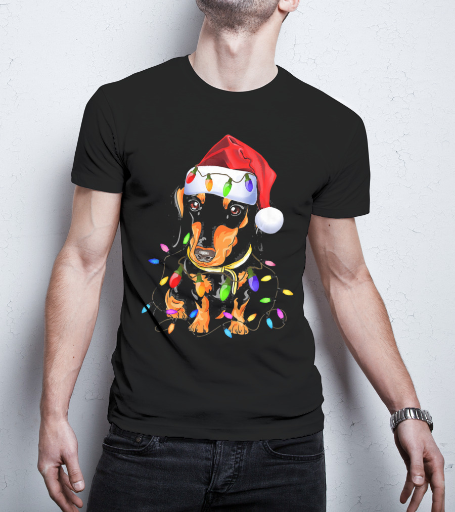 Dachshund Christmas Loves LED Lights Santa Hat T-Shirt