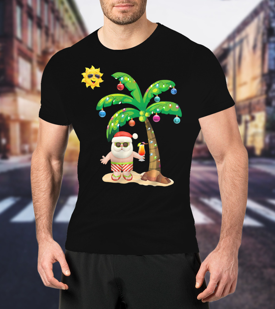 July Christmas Palm Tree Santa With Sunglasses And Cocktail T-Shirt