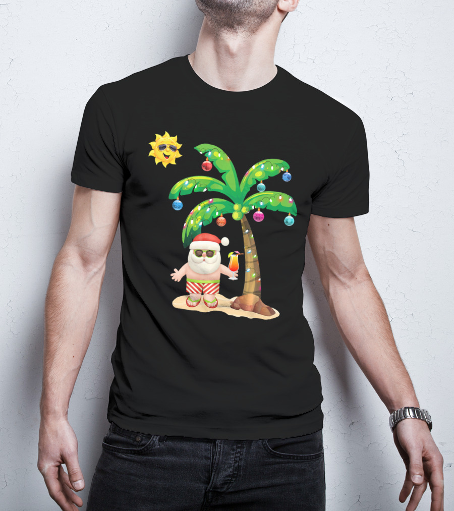July Christmas Palm Tree Santa With Sunglasses And Cocktail T-Shirt