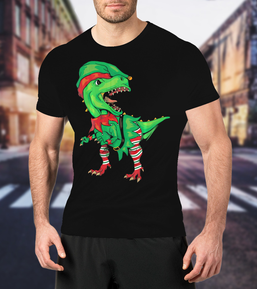 Christmas Dinosaur In Elf Costume T-Shirt