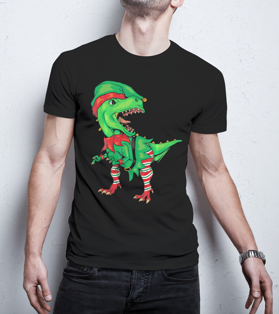 Christmas Dinosaur In Elf Costume T-Shirt