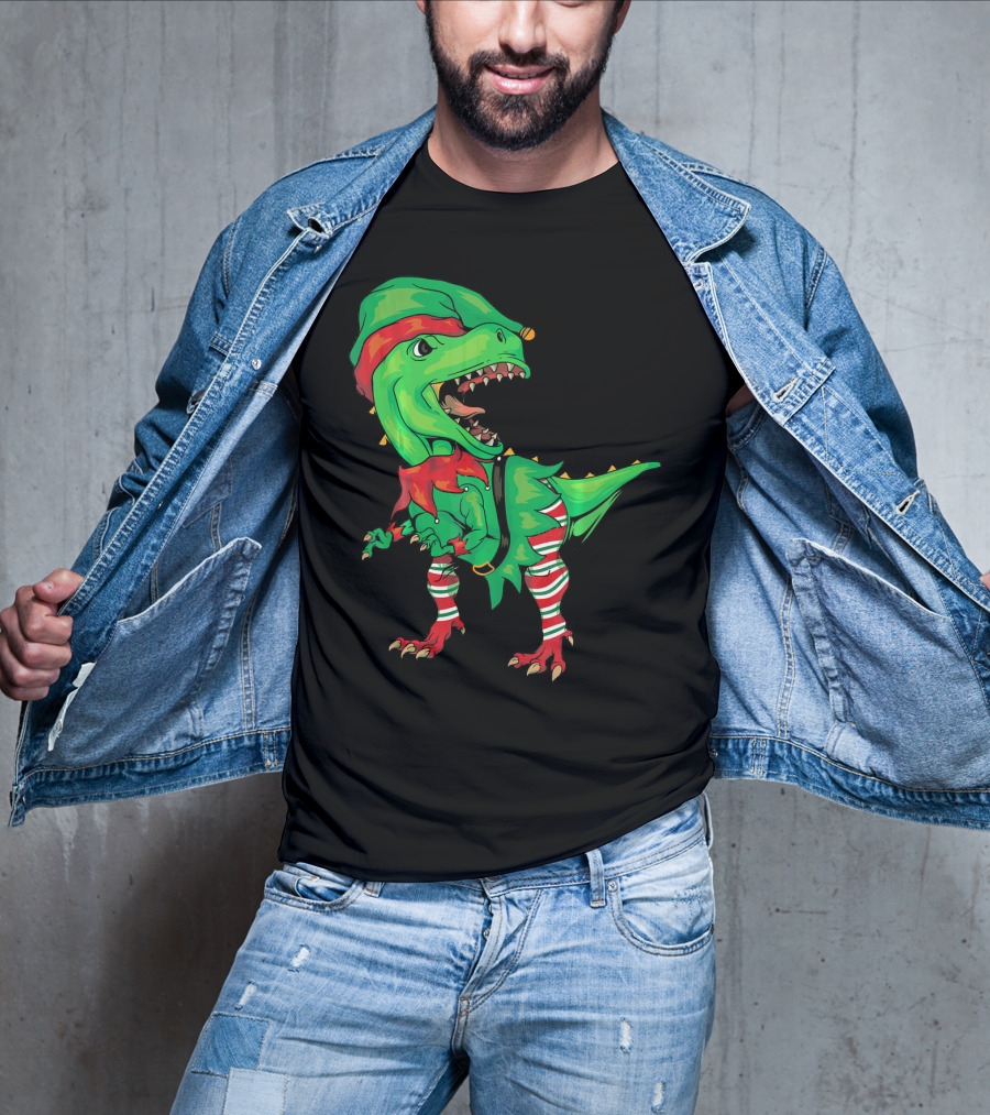 Christmas Dinosaur In Elf Costume T-Shirt