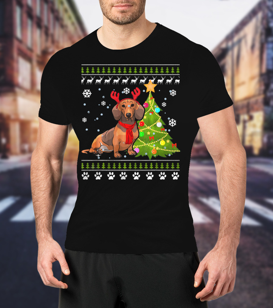 Dachshund Ugly Christmas Reindeer Antlers Christmas Tree Snowflakes T-Shirt
