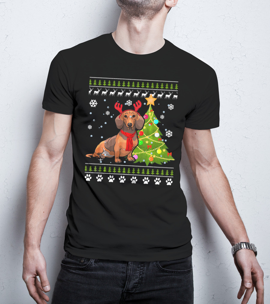 Dachshund Ugly Christmas Reindeer Antlers Christmas Tree Snowflakes T-Shirt