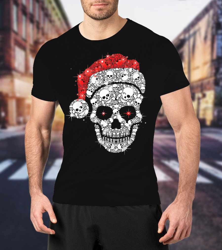 Shiny Skull Rhinestone Santa Hat Christmas Skulls T-Shirt