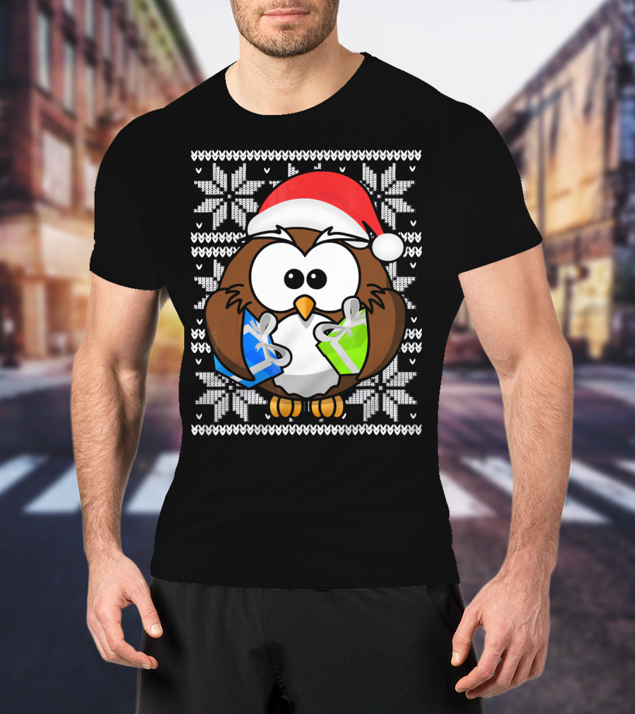 UGLY CHRISTMAS Holiday Owl With Santa Hat And Gifts T-Shirt