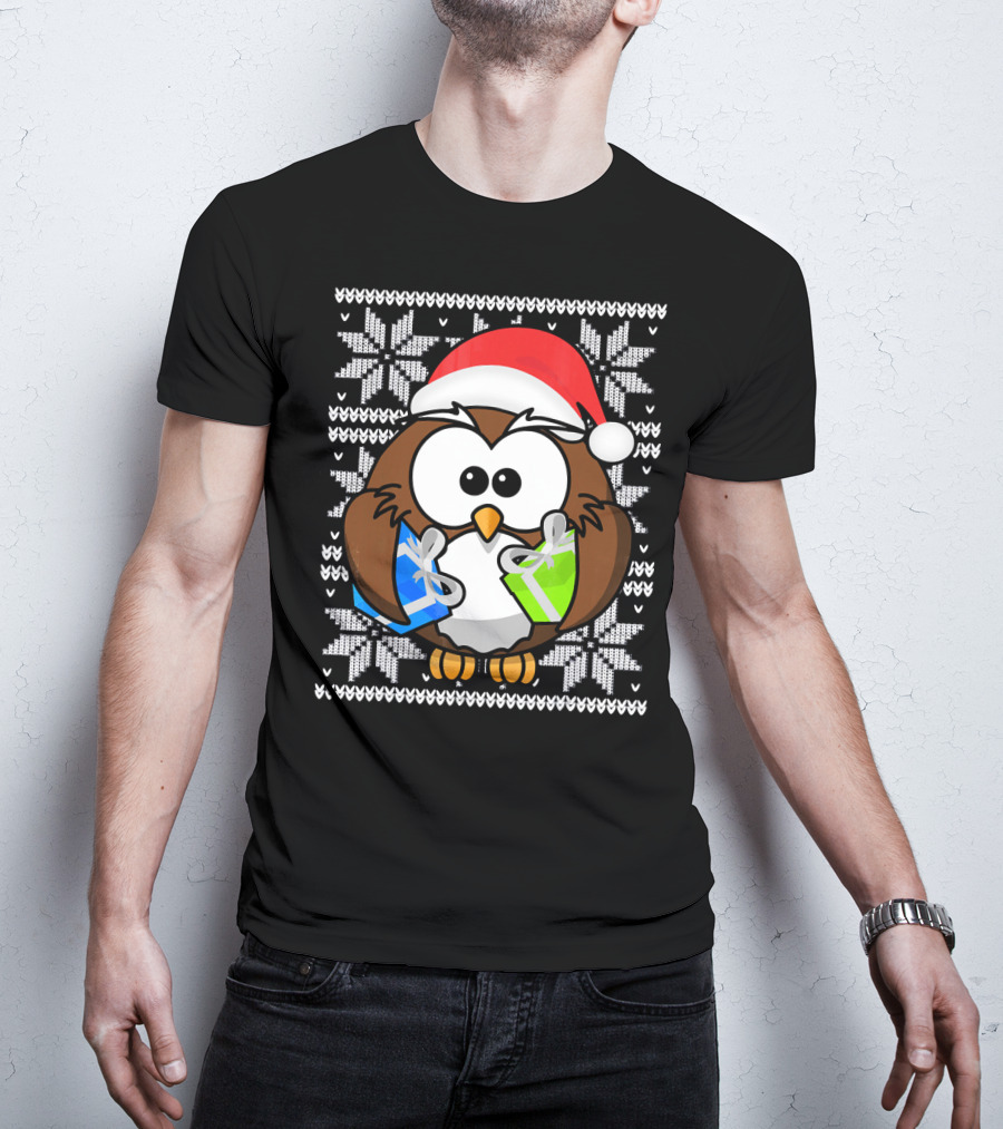 UGLY CHRISTMAS Holiday Owl With Santa Hat And Gifts T-Shirt
