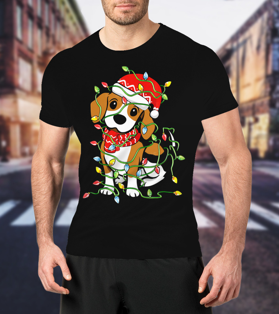 Beagle Wrapped In Christmas Lights Wearing Santa Hat T-Shirt