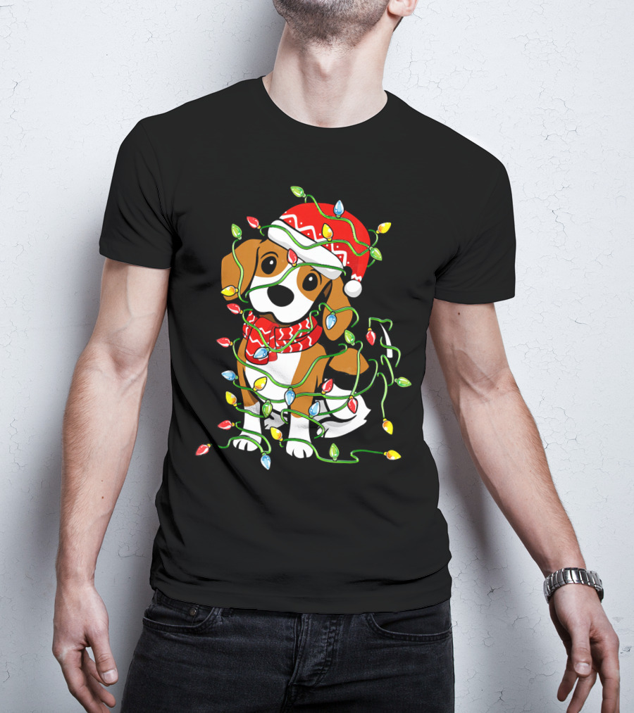 Beagle Wrapped In Christmas Lights Wearing Santa Hat T-Shirt