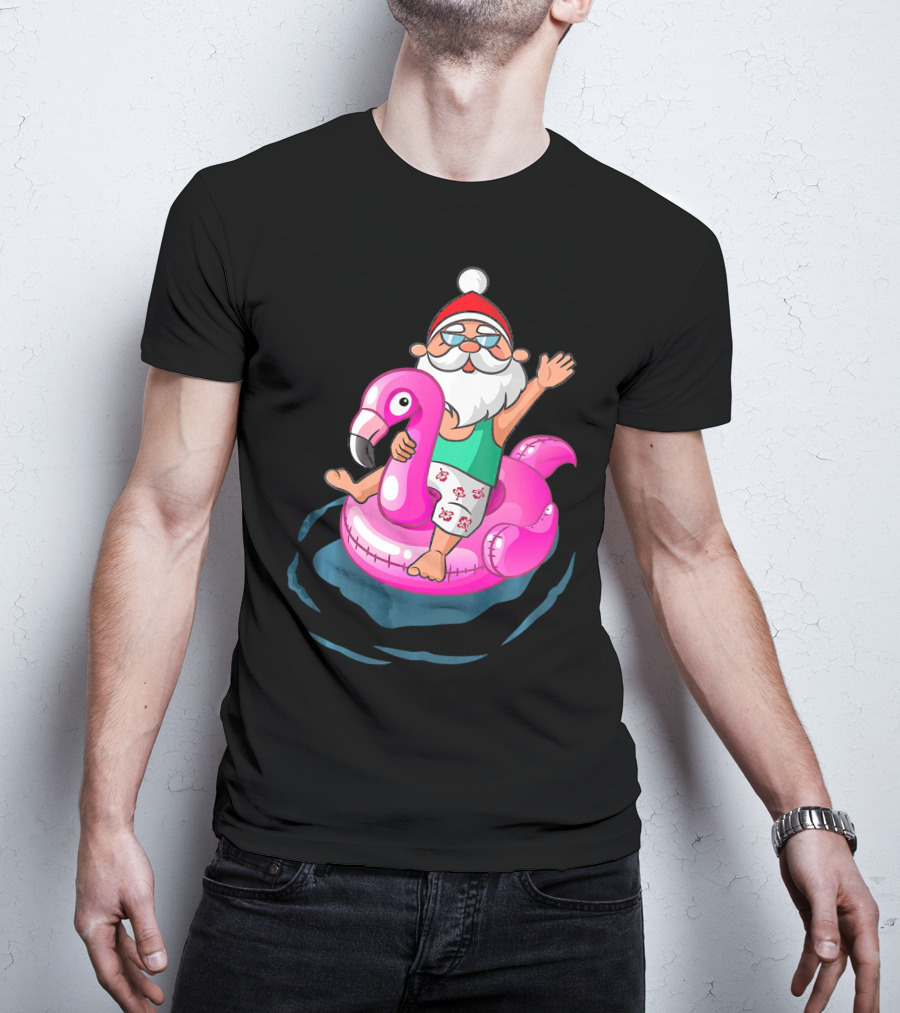 Christmas In July Santa Riding Flamingo Float In Hawaiian Shorts T-Shirt
