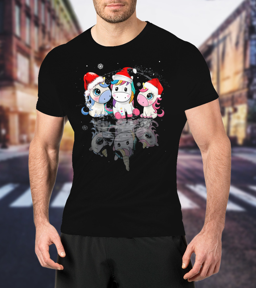 Christmas Santa Hat Funny Three Cute Unicorn Snowflakes T-Shirt