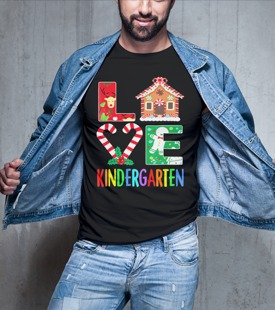 LOVE Kindergarten Christmas Reindeer Gingerbread Candy Cane T-Shirt