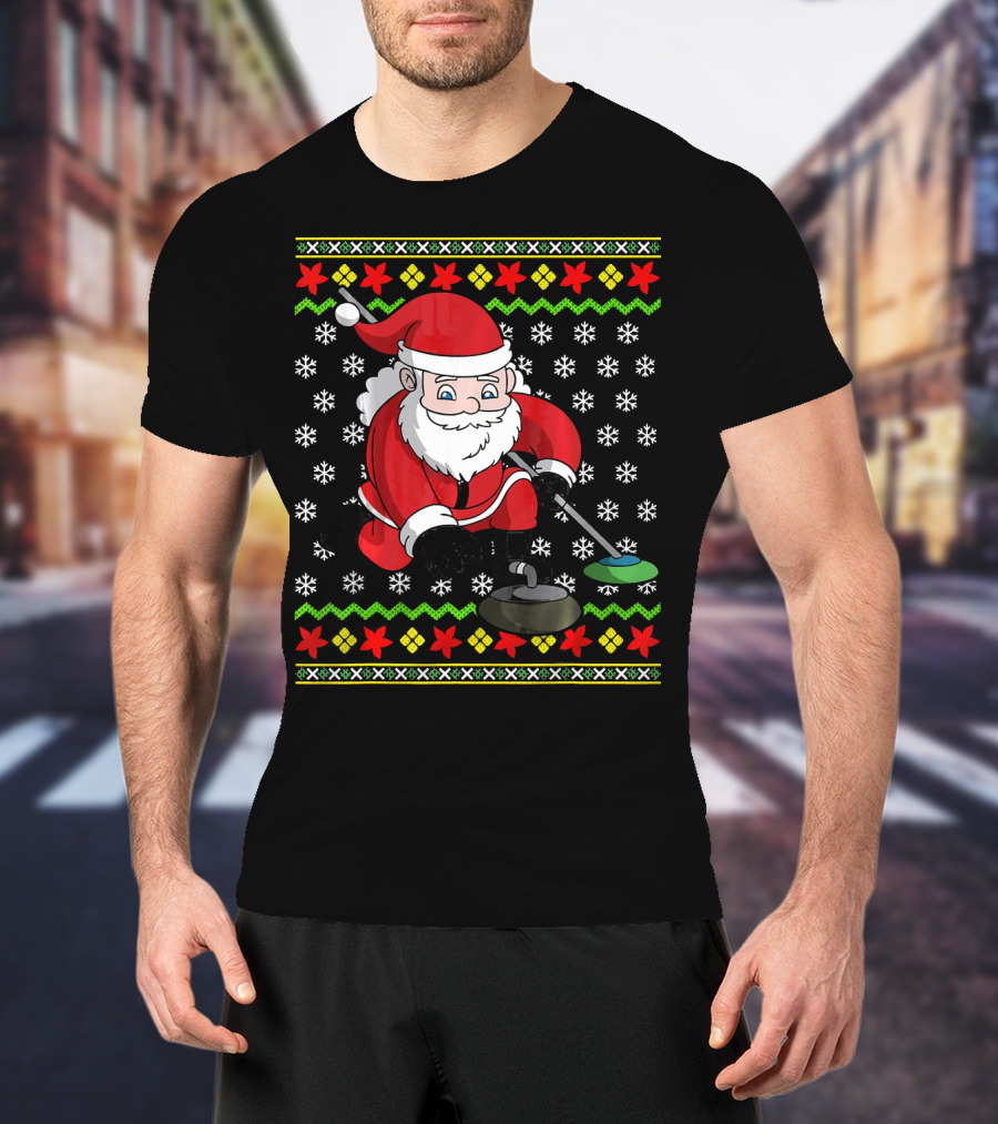 Santa Curling Ugly Christmas Sweater Snowflakes T-Shirt
