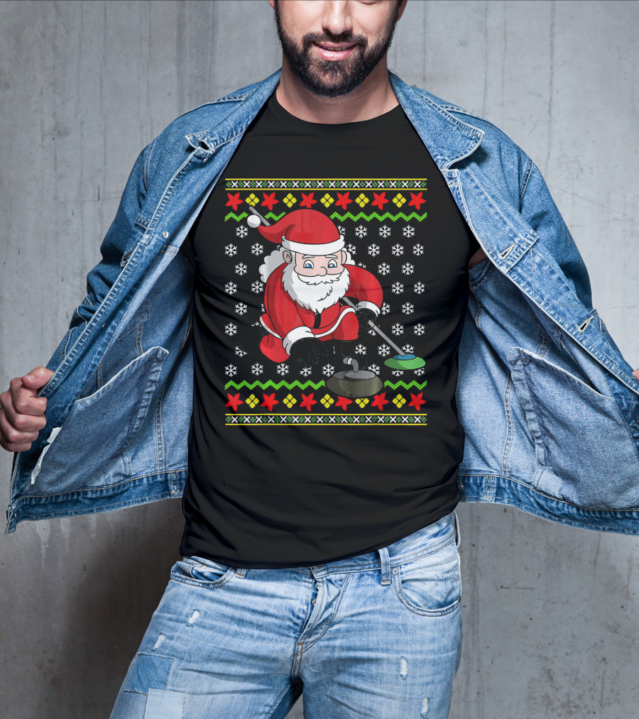 Santa Curling Ugly Christmas Sweater Snowflakes T-Shirt