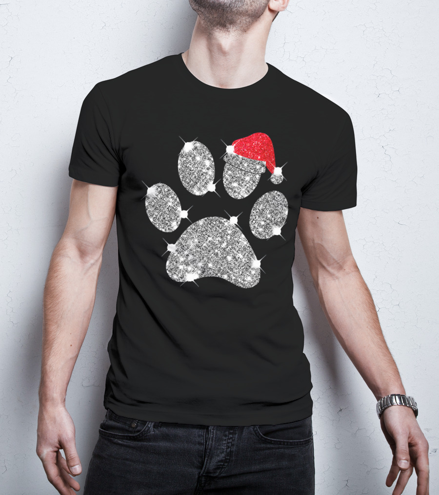 Merry Christmas Paw Santa Hat Sparkle T-Shirt