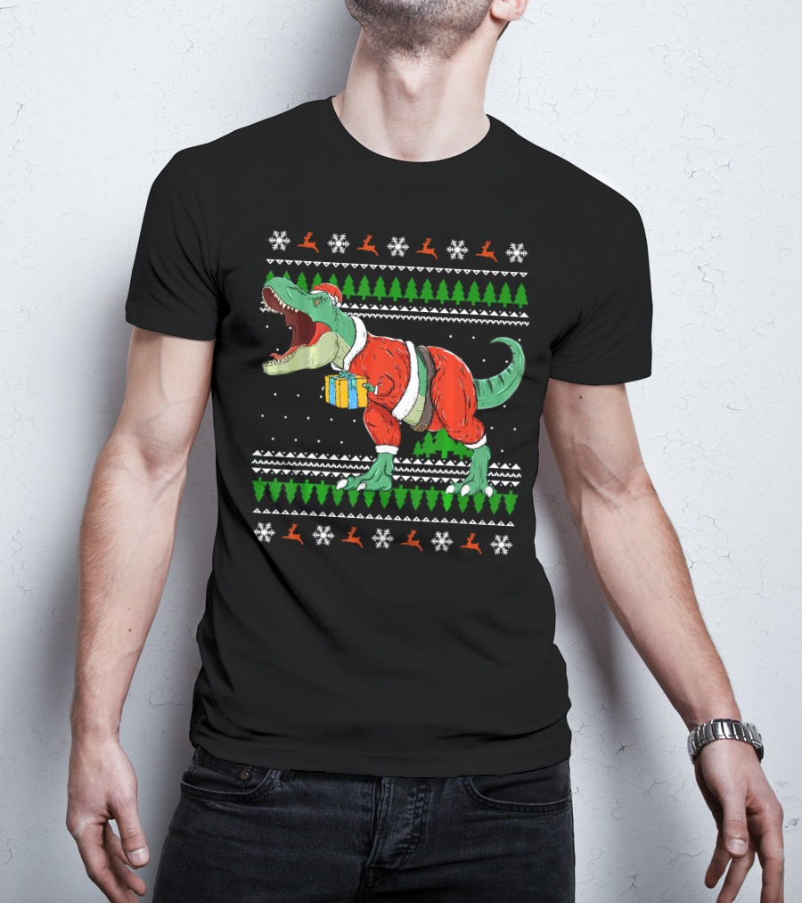 Funny TRex Dino Christmas Santa Holding Gift In Ugly T-Shirt