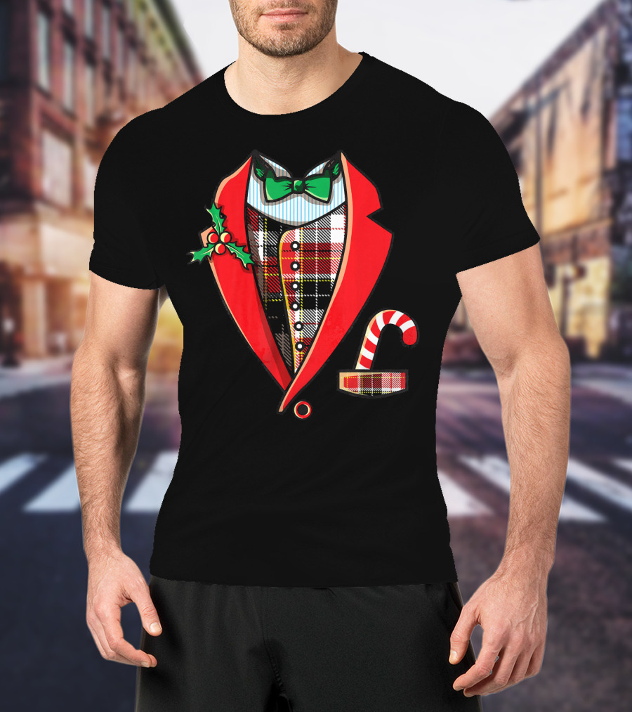 Christmas Tuxedo Plaid Suit Jacket With Green Bow Tie And Candy Cane T-Shirt