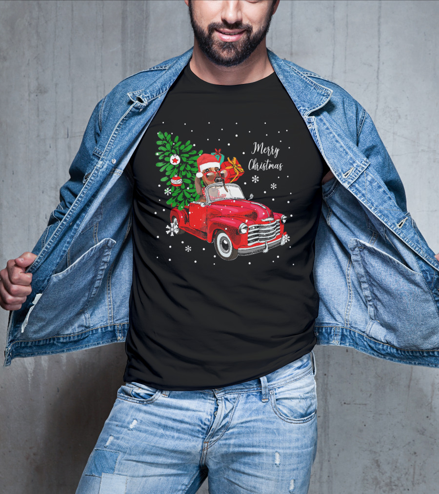 Merry Christmas Santa Dachshund In Red Truck With Gifts And Tree T-Shirt