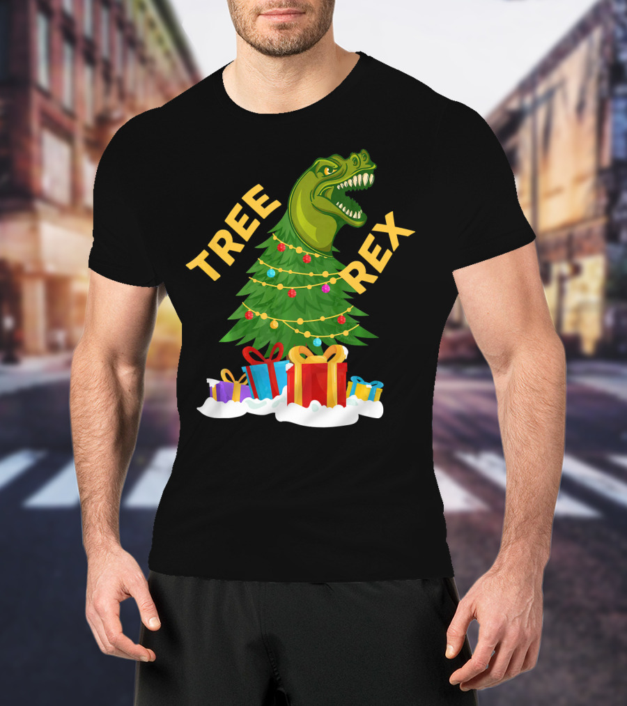 Tree Rex Christmas Dinosaur With Presents And Decorations T-Shirt