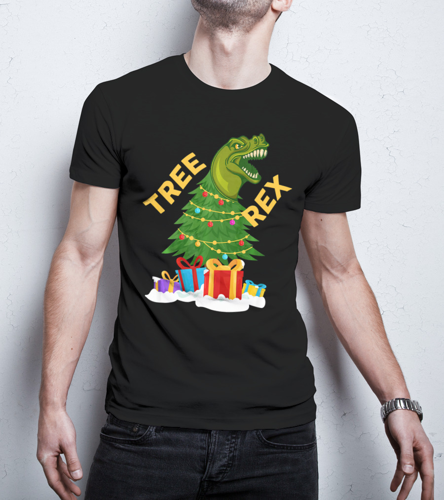 Tree Rex Christmas Dinosaur With Presents And Decorations T-Shirt