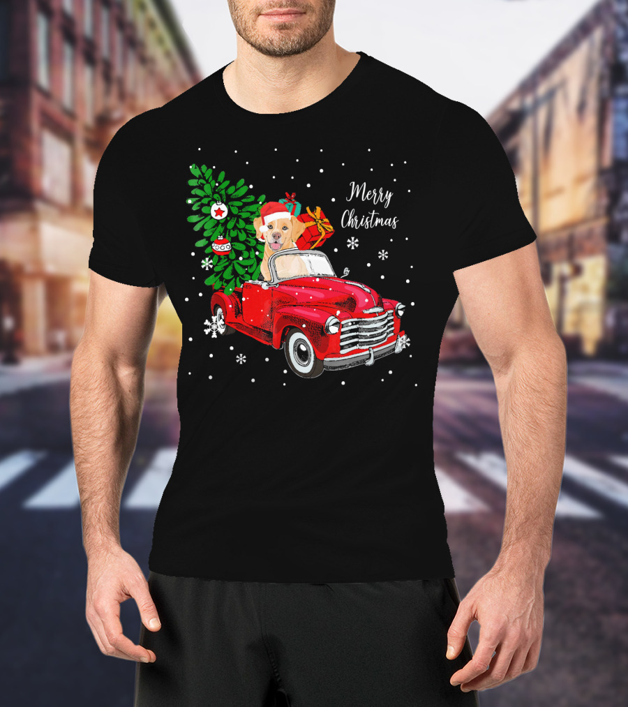 Merry Christmas Santa Labrador Dog Riding Red Truck With Presents And Tree T-Shirt