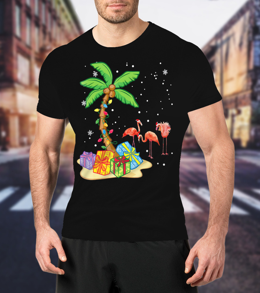 Flamingo Christmas Palm Tree Snow Presents T-Shirt