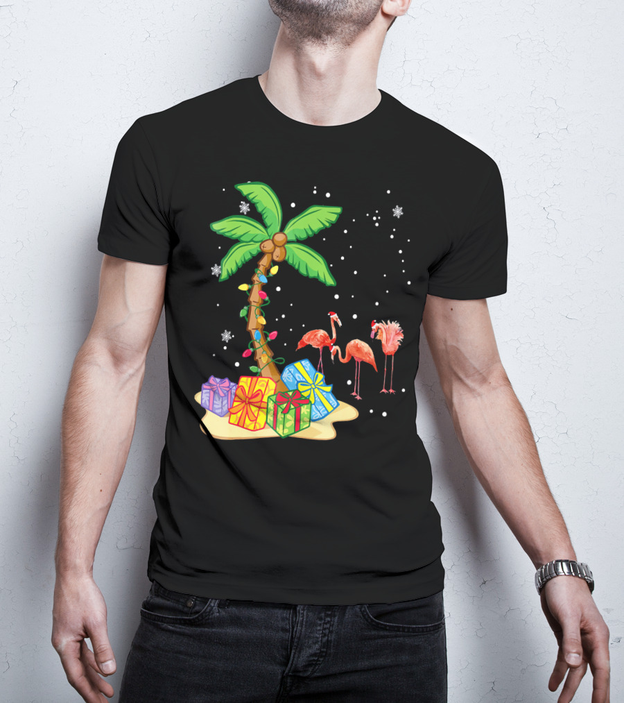 Flamingo Christmas Palm Tree Snow Presents T-Shirt