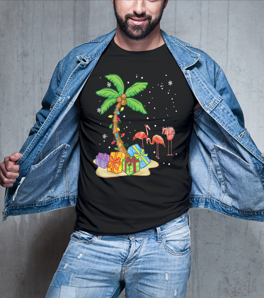Flamingo Christmas Palm Tree Snow Presents T-Shirt