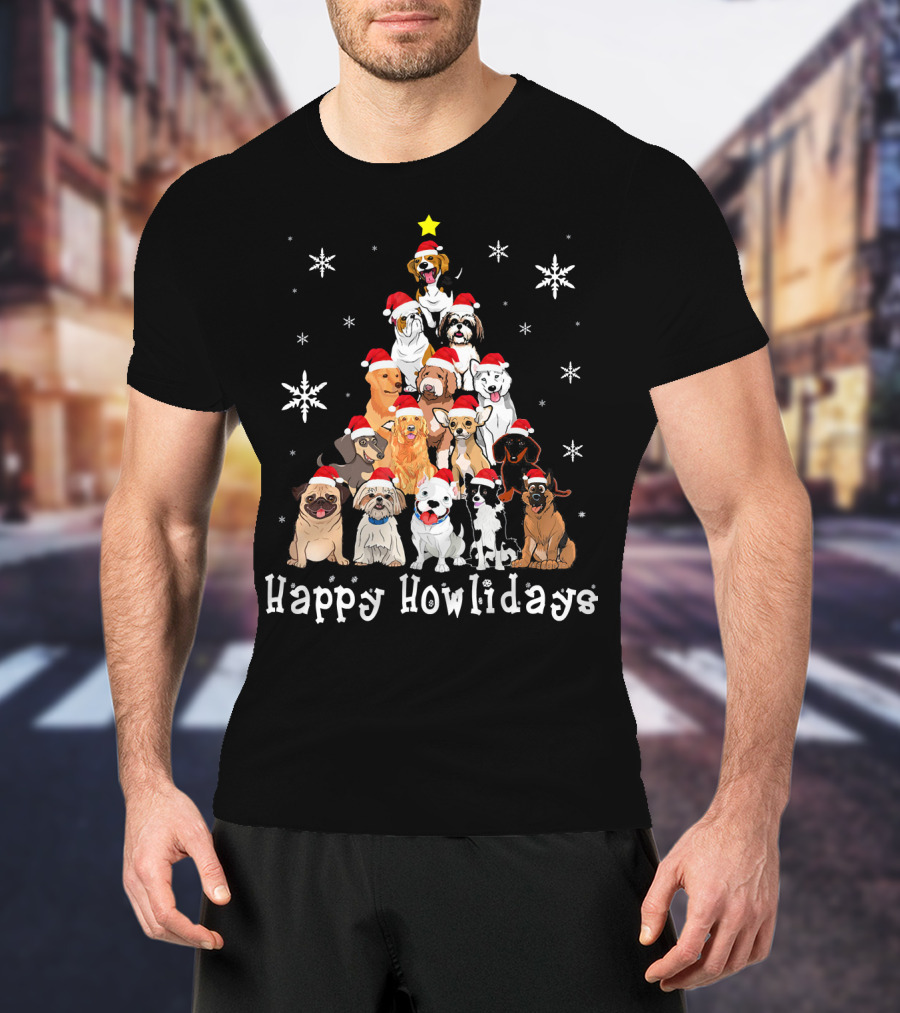 Happy Howlidays Dog Christmas Tree Santa Hat Puppies Snowflakes T-Shirt