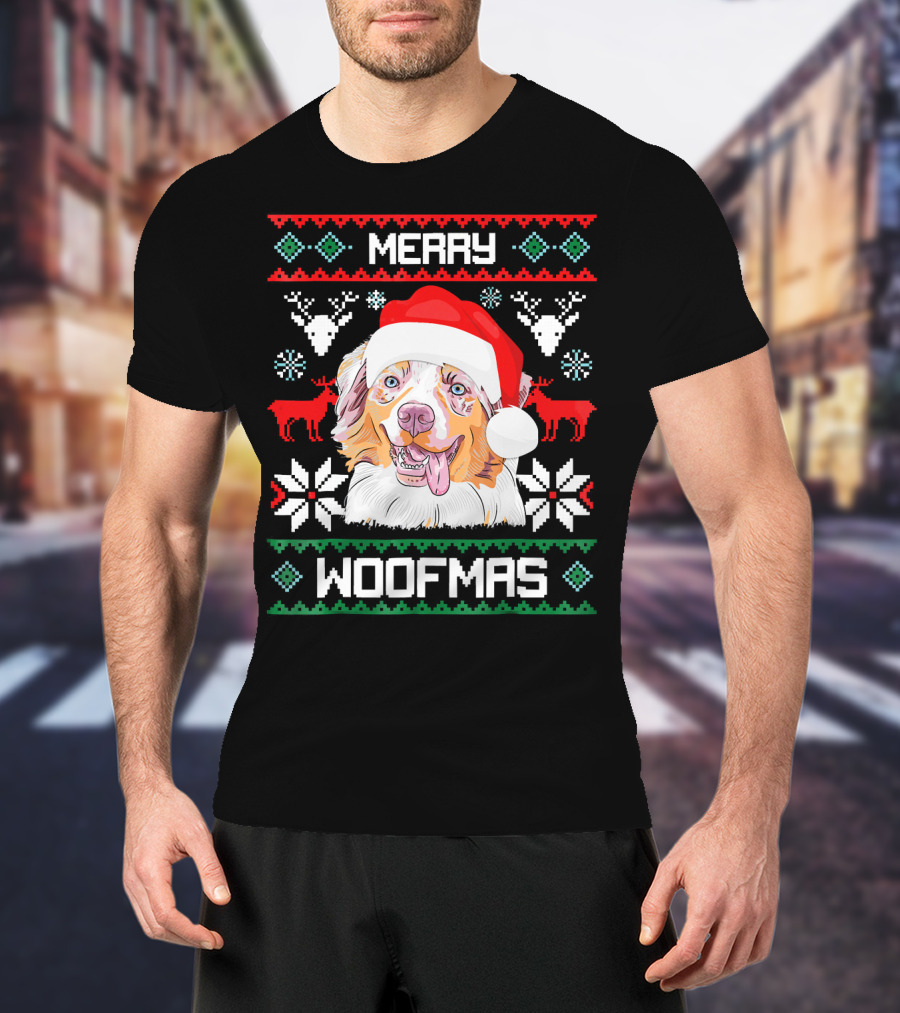 Merry Woofmas Australian Shepherd With Santa Hat And Christmas Motifs T-Shirt